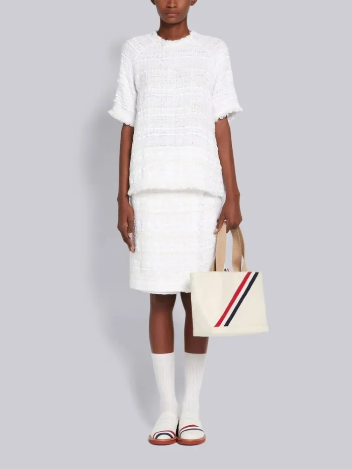 Cotton Oxford Ribbon Tweed Frayed Short Sleeve Raglan Box Pleat Blouse White Women Thom Browne Tops and Shirts