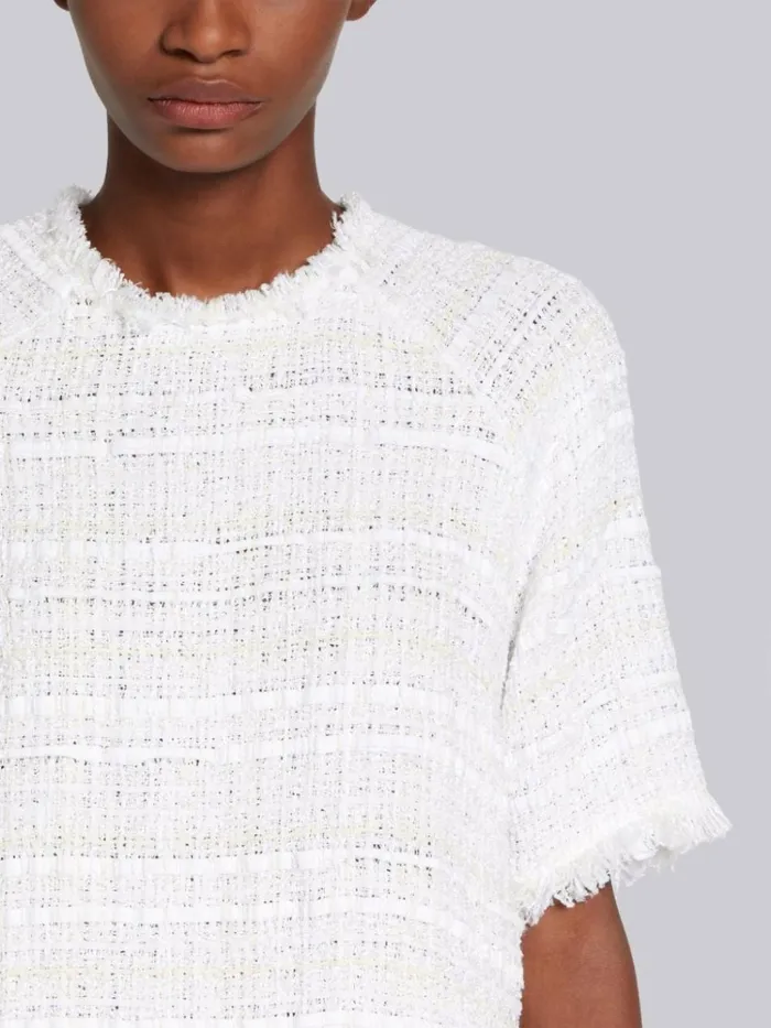 Cotton Oxford Ribbon Tweed Frayed Short Sleeve Raglan Box Pleat Blouse White Women Thom Browne Tops and Shirts