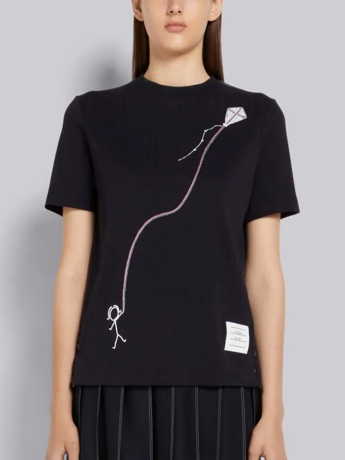 Cotton Pointelle Rib Sequin Mrs Thom Kite Embroidery Short Sleeve Tee Navy Women Thom Browne Tshirts and Polos Cotton Pointelle Rib Sequin Mrs Thom Kite Embroidery Short Sleeve Tee Navy Women Thom Browne Tshirts and Polos