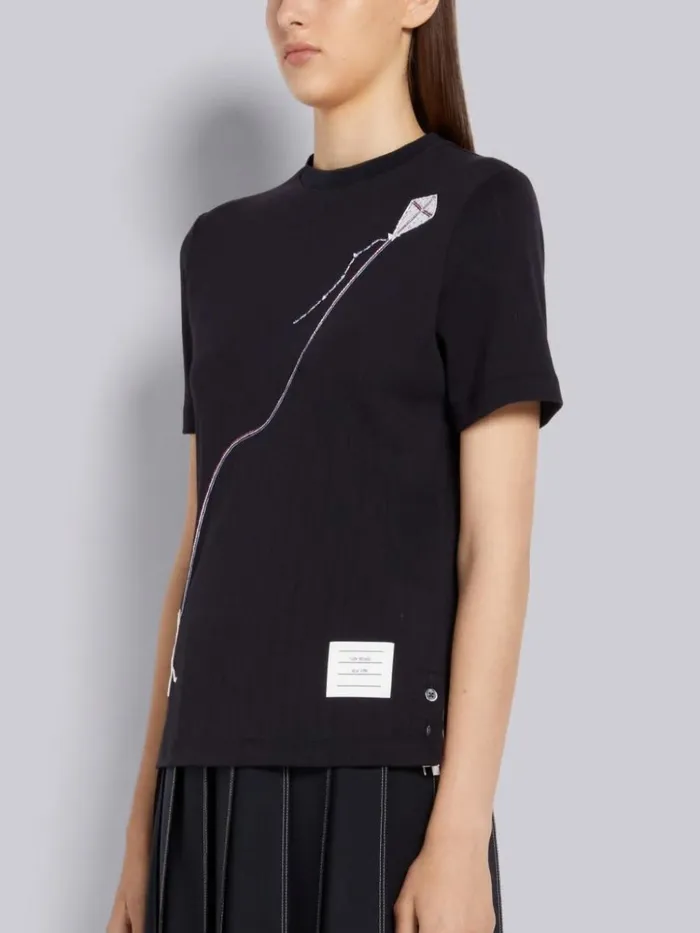Cotton Pointelle Rib Sequin Mrs Thom Kite Embroidery Short Sleeve Tee Navy Women Thom Browne Tshirts and Polos