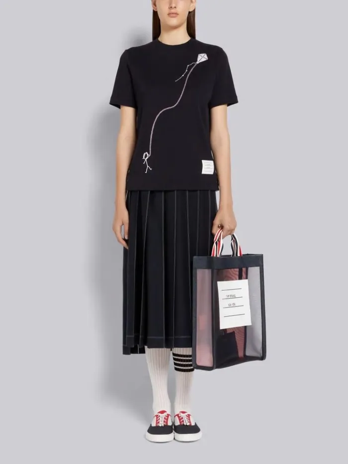 Cotton Pointelle Rib Sequin Mrs Thom Kite Embroidery Short Sleeve Tee Navy Women Thom Browne Tshirts and Polos