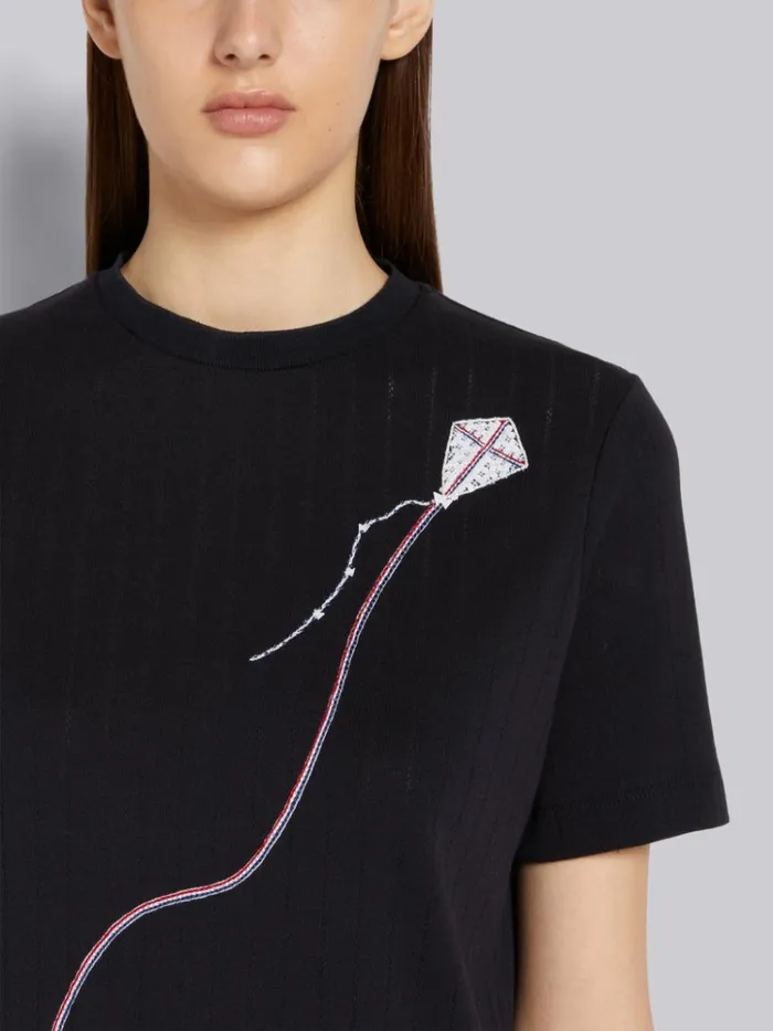 Cotton Pointelle Rib Sequin Mrs Thom Kite Embroidery Short Sleeve Tee Navy Women Thom Browne Tshirts and Polos