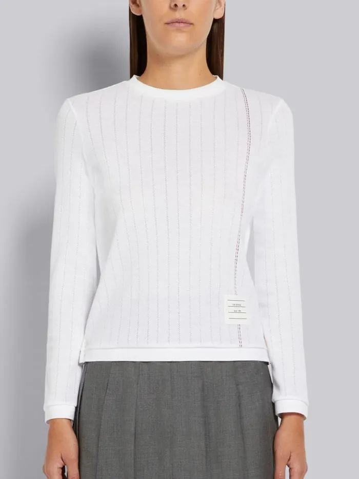 Cotton Pointelle Rib Stripe Embroidery Long Sleeve Tee White Women Thom Browne Tshirts and Polos Cotton Pointelle Rib Stripe Embroidery Long Sleeve Tee White Women Thom Browne Tshirts and Polos
