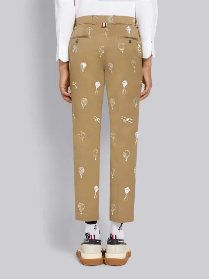 Cotton Twill Half Drop Half Drop Satin Sky Icon Embroidery Unconstructed Chino Trouser Camel Men Thom Browne Trousers