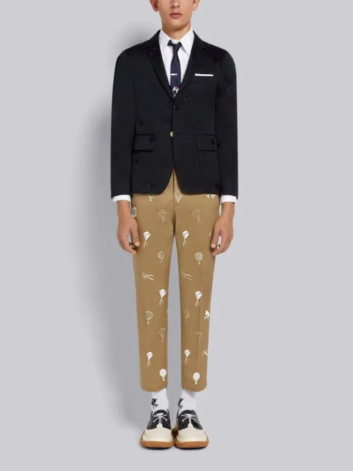 Cotton Twill Half Drop Half Drop Satin Sky Icon Embroidery Unconstructed Chino Trouser Camel Men Thom Browne Trousers