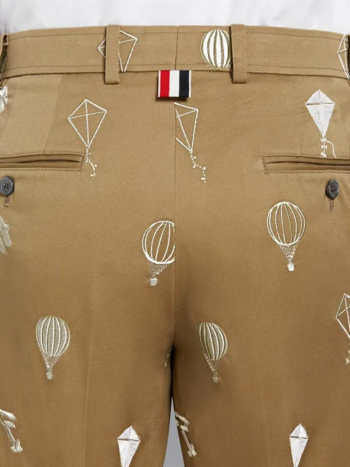 Cotton Twill Half Drop Half Drop Satin Sky Icon Embroidery Unconstructed Chino Trouser Camel Men Thom Browne Trousers