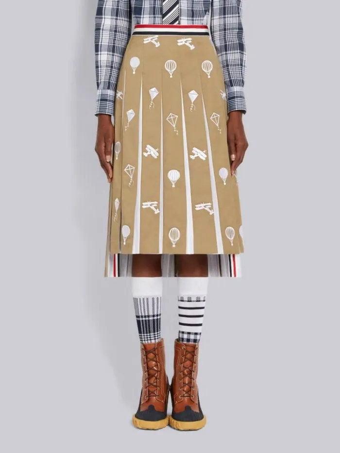 Cotton Twill Sky Icon Half Drop Stripe Waistband Dropped Back Below The Knee Pleated Skirt Camel Women Thom Browne Skirts Cotton Twill Sky Icon Half Drop Stripe Waistband Dropped Back Below The Knee Pleated Skirt Camel Women Thom Browne Skirts