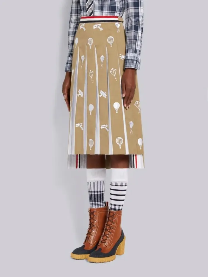 Cotton Twill Sky Icon Half Drop Stripe Waistband Dropped Back Below The Knee Pleated Skirt Camel Women Thom Browne Skirts