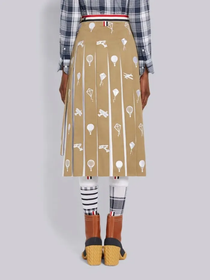 Cotton Twill Sky Icon Half Drop Stripe Waistband Dropped Back Below The Knee Pleated Skirt Camel Women Thom Browne Skirts