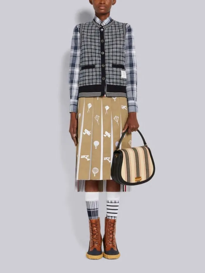Cotton Twill Sky Icon Half Drop Stripe Waistband Dropped Back Below The Knee Pleated Skirt Camel Women Thom Browne Skirts
