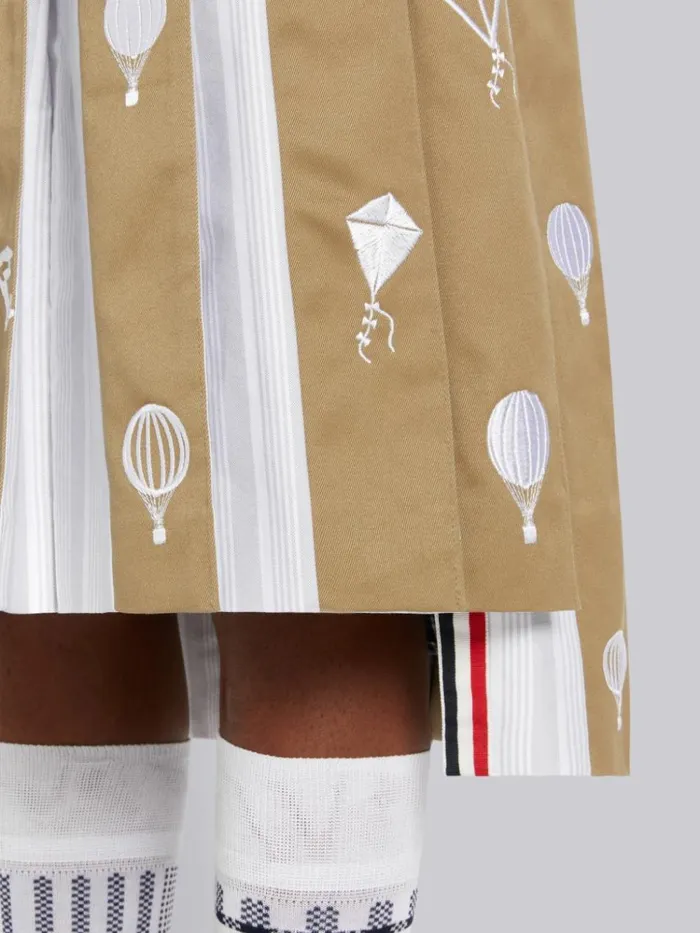 Cotton Twill Sky Icon Half Drop Stripe Waistband Dropped Back Below The Knee Pleated Skirt Camel Women Thom Browne Skirts
