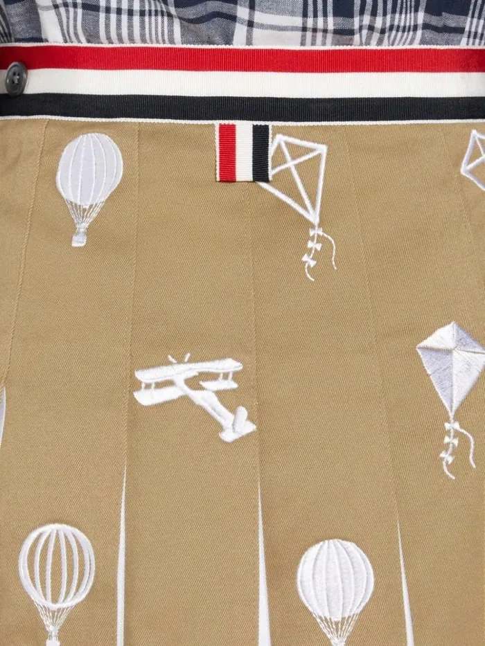 Cotton Twill Sky Icon Half Drop Stripe Waistband Dropped Back Below The Knee Pleated Skirt Camel Women Thom Browne Skirts