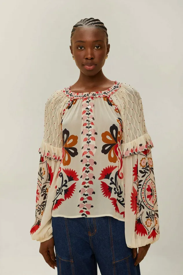 Cream Cashew Mandala Embroidered Blouse Women FARM Rio Blouses