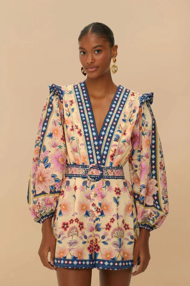 Cream Superbloom Tapestry Organic Cotton Romper Women FARM Rio Rompers