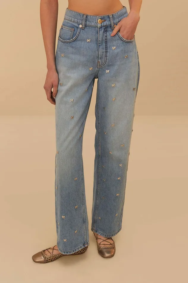Denim Embroidered Bows Pants Women FARM Rio Pants