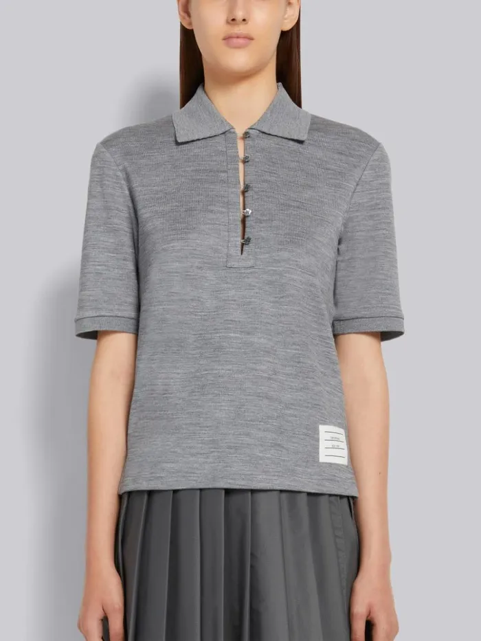 Double Face Silk Cotton Mother Of Pearl Flower Button Polo Light Grey Women Thom Browne Tshirts and Polos Double Face Silk Cotton Mother Of Pearl Flower Button Polo Light Grey Women Thom Browne Tshirts and Polos