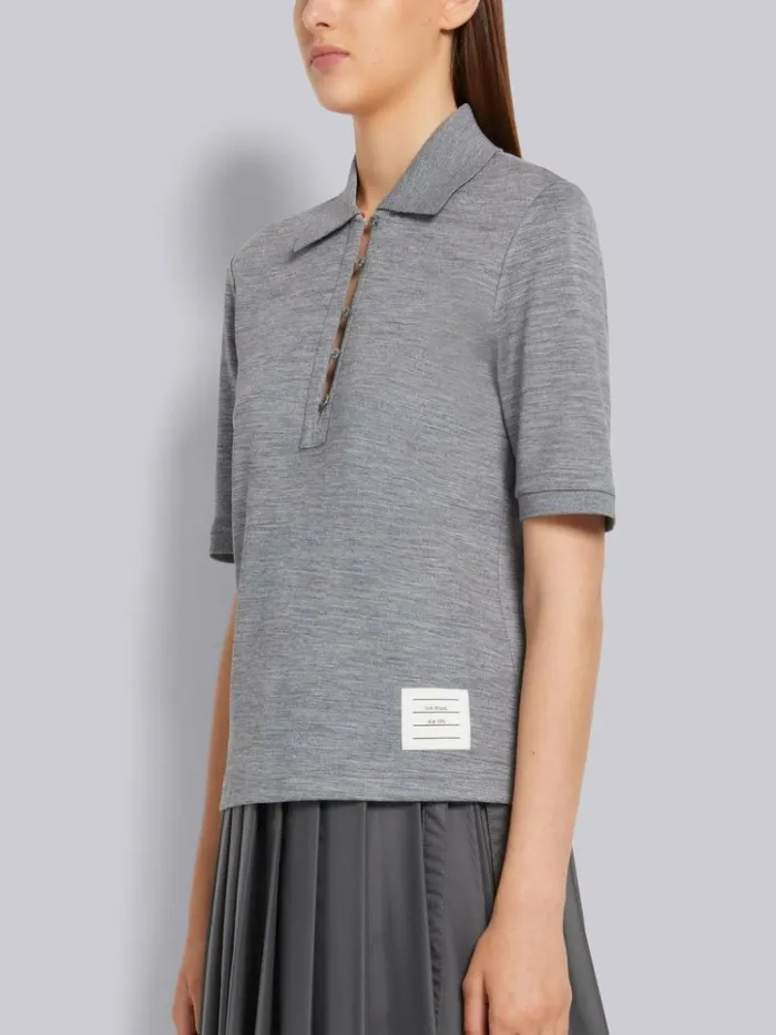 Double Face Silk Cotton Mother Of Pearl Flower Button Polo Light Grey Women Thom Browne Tshirts and Polos