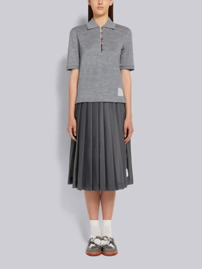 Double Face Silk Cotton Mother Of Pearl Flower Button Polo Light Grey Women Thom Browne Tshirts and Polos