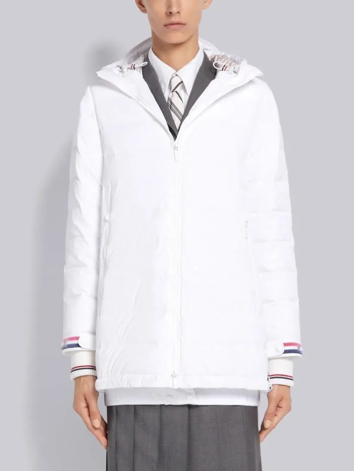 Down Filled Poly Twill Zipup Hooded Overcoat White Women Thom Browne Outerwear Down Filled Poly Twill Zipup Hooded Overcoat White Women Thom Browne Outerwear