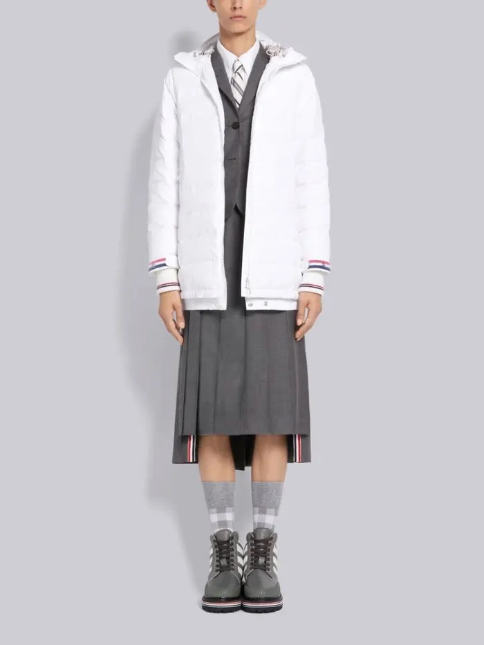 Down Filled Poly Twill Zipup Hooded Overcoat White Women Thom Browne Outerwear