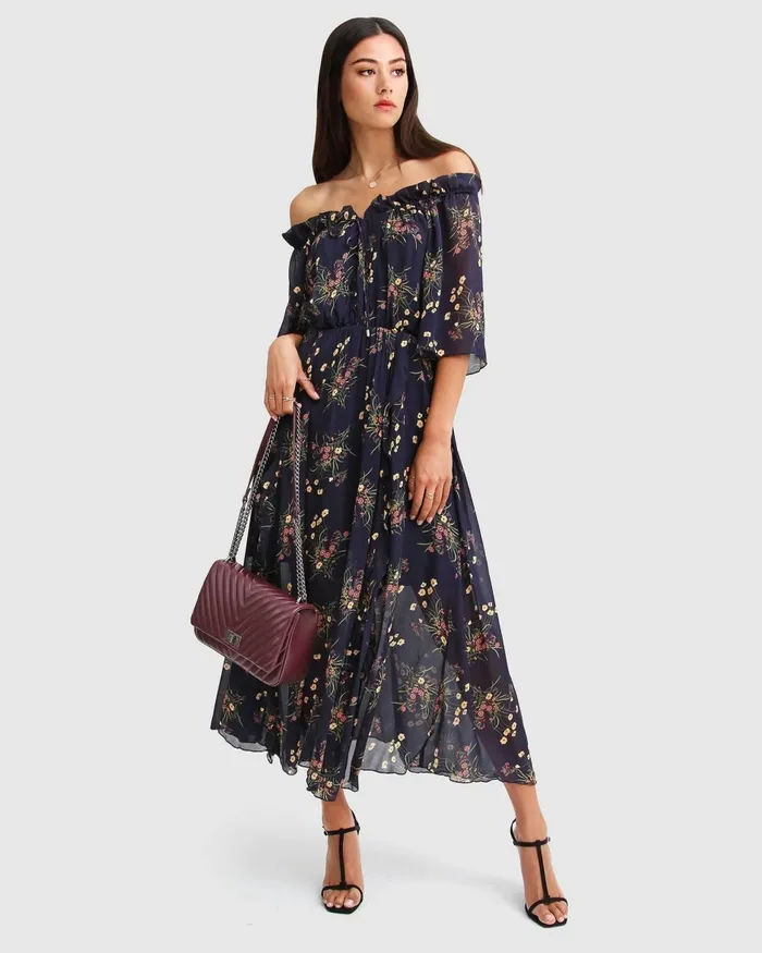 Dresses Women Amour Amour Ruffled Midi Dress 8211 Navy Belle and Bloom