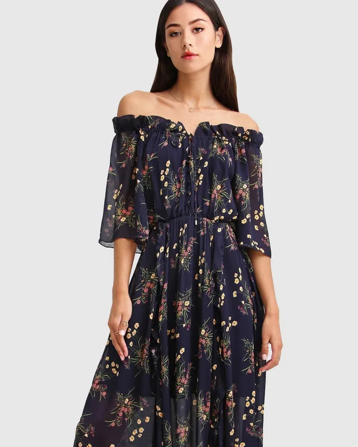 Dresses Women Amour Amour Ruffled Midi Dress 8211 Navy Belle and Bloom