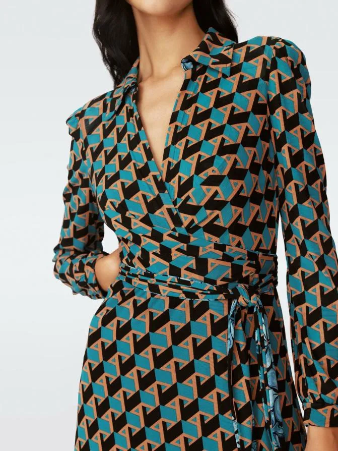 DVF Dresses Phoenix Reversible Mesh Wrap Dress Intermission Geo Turquoise And Opera Floral Black 8211 Women