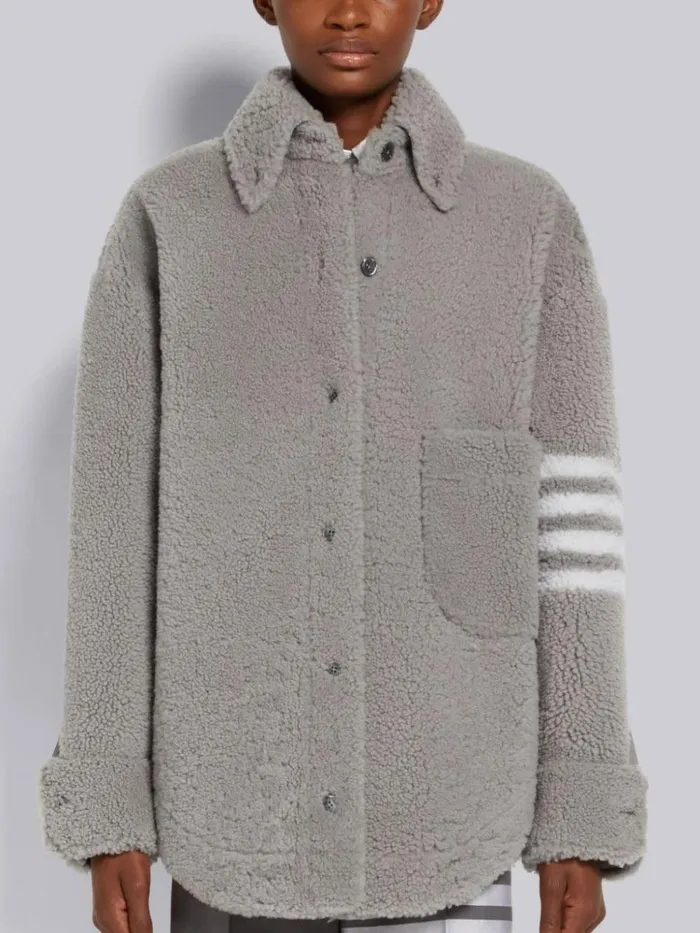 Dyed Shearling 4bar Supersized Shirt Jacket Medium Grey Women Thom Browne Outerwear Dyed Shearling 4bar Supersized Shirt Jacket Medium Grey Women Thom Browne Outerwear
