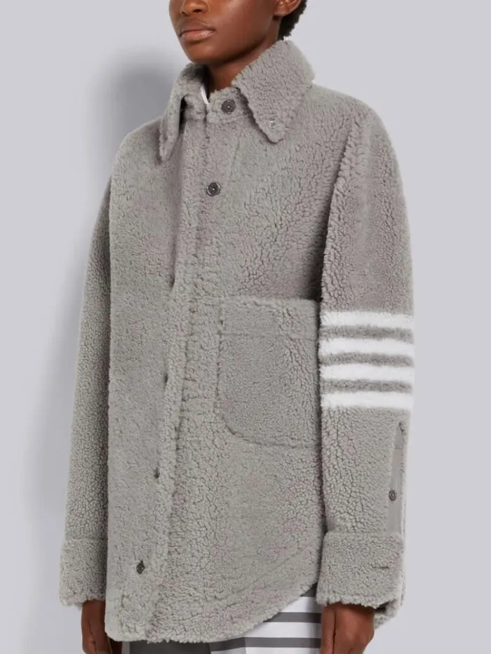 Dyed Shearling 4bar Supersized Shirt Jacket Medium Grey Women Thom Browne Outerwear