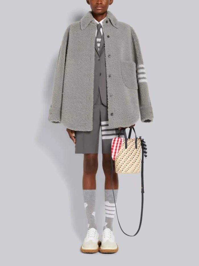 Dyed Shearling 4bar Supersized Shirt Jacket Medium Grey Women Thom Browne Outerwear