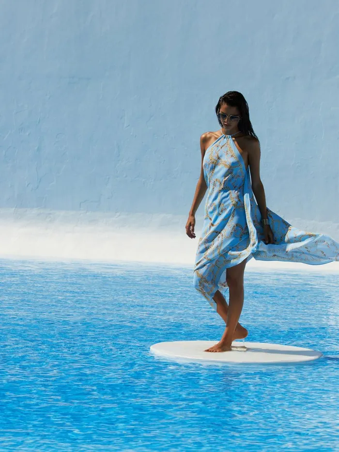 Elise Halter Midi Dress Sky Blue Multi Chain Women L039Agence Swimwear Elise Halter Midi Dress Sky Blue Multi Chain Women L039Agence Swimwear