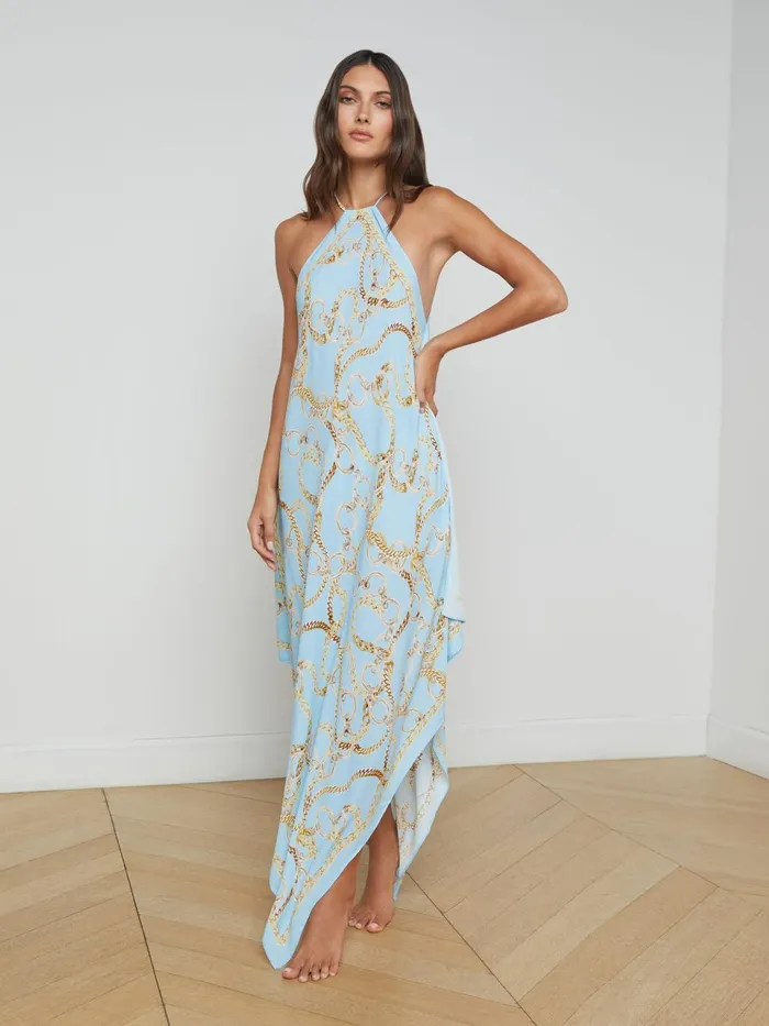Elise Halter Midi Dress Sky Blue Multi Chain Women L039Agence Swimwear Elise Halter Midi Dress Sky Blue Multi Chain Women L039Agence Swimwear