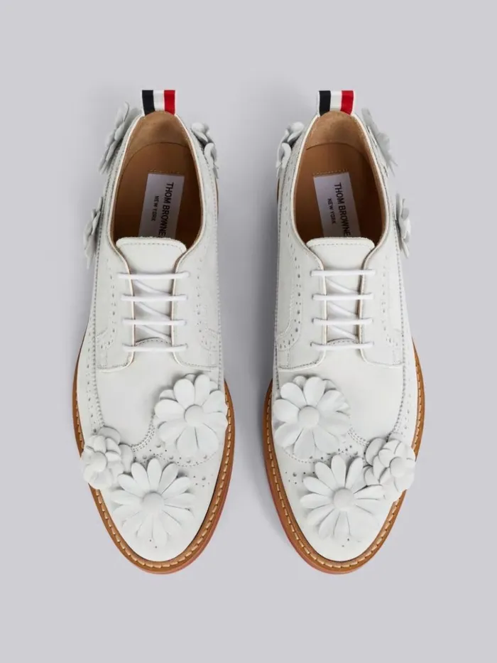 Fine Kid Suede Floral Applique Micro Sole Longwing Brogue White Women Thom Browne Brogues and Loafers