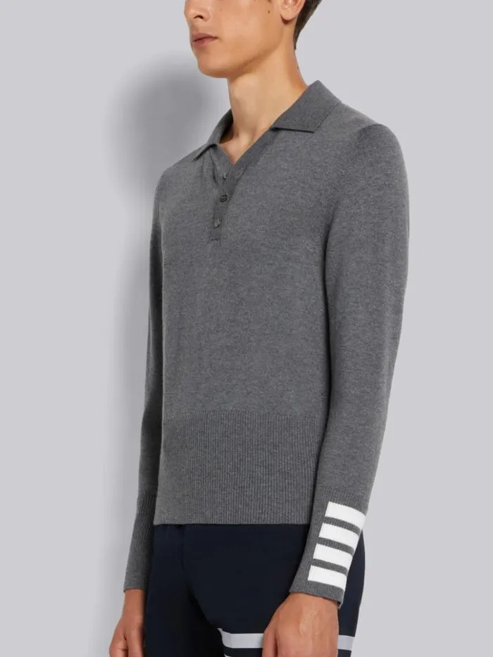 Fine Merino Wool 4bar Cuff Long Sleeve Polo Medium Grey Men Thom Browne Knitwear