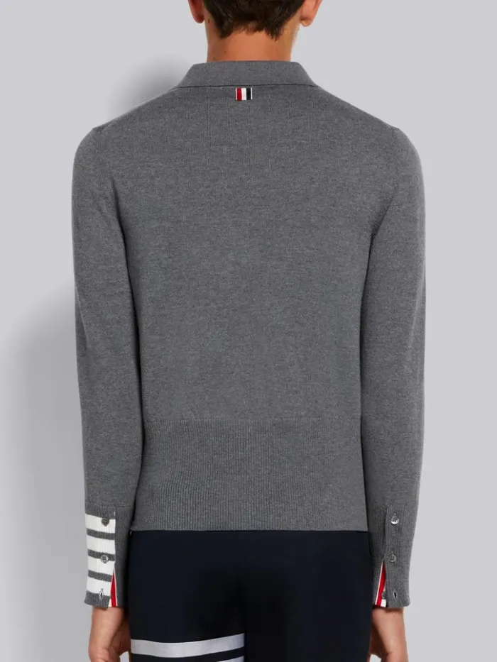 Fine Merino Wool 4bar Cuff Long Sleeve Polo Medium Grey Men Thom Browne Knitwear