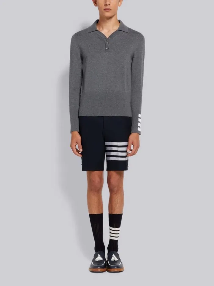 Fine Merino Wool 4bar Cuff Long Sleeve Polo Medium Grey Men Thom Browne Knitwear