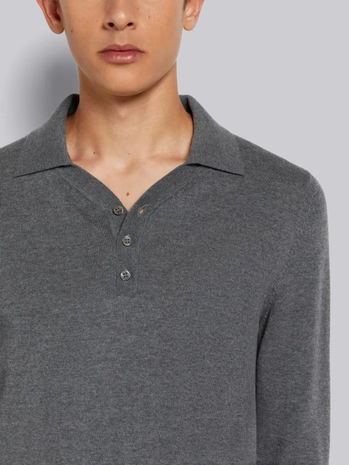 Fine Merino Wool 4bar Cuff Long Sleeve Polo Medium Grey Men Thom Browne Knitwear