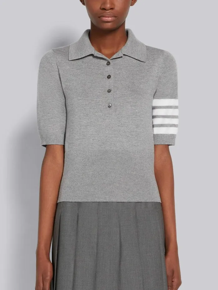 Fine Merino Wool 4bar Mrs Thom Intarsia Short Sleeve Polo Light Grey Women Thom Browne Tshirts and Polos Fine Merino Wool 4bar Mrs Thom Intarsia Short Sleeve Polo Light Grey Women Thom Browne Tshirts and Polos