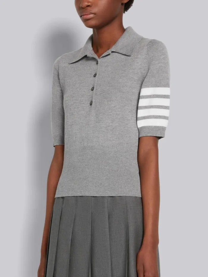 Fine Merino Wool 4bar Mrs Thom Intarsia Short Sleeve Polo Light Grey Women Thom Browne Tshirts and Polos