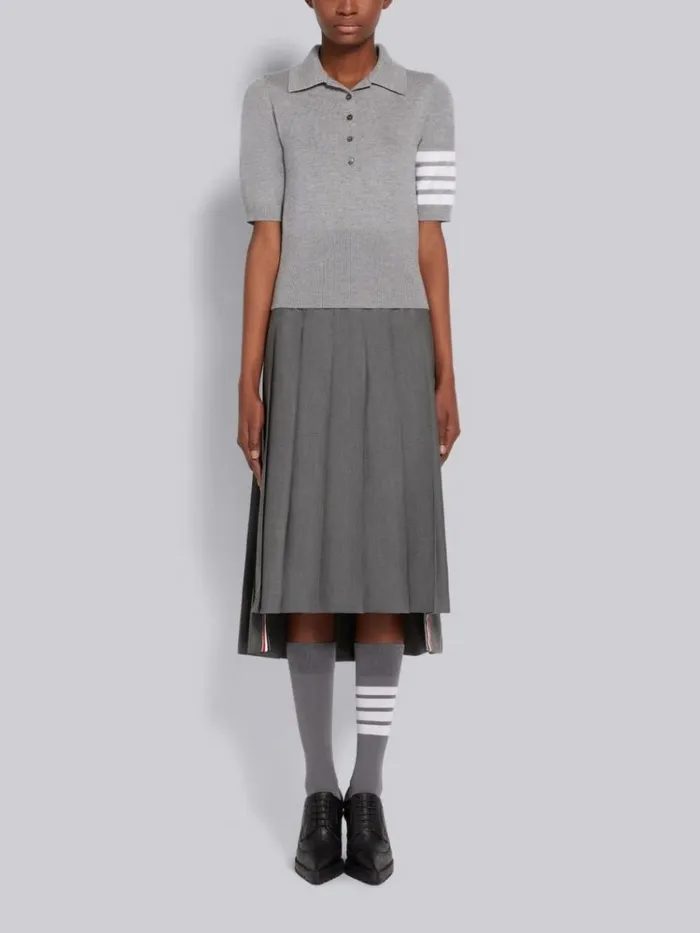 Fine Merino Wool 4bar Mrs Thom Intarsia Short Sleeve Polo Light Grey Women Thom Browne Tshirts and Polos