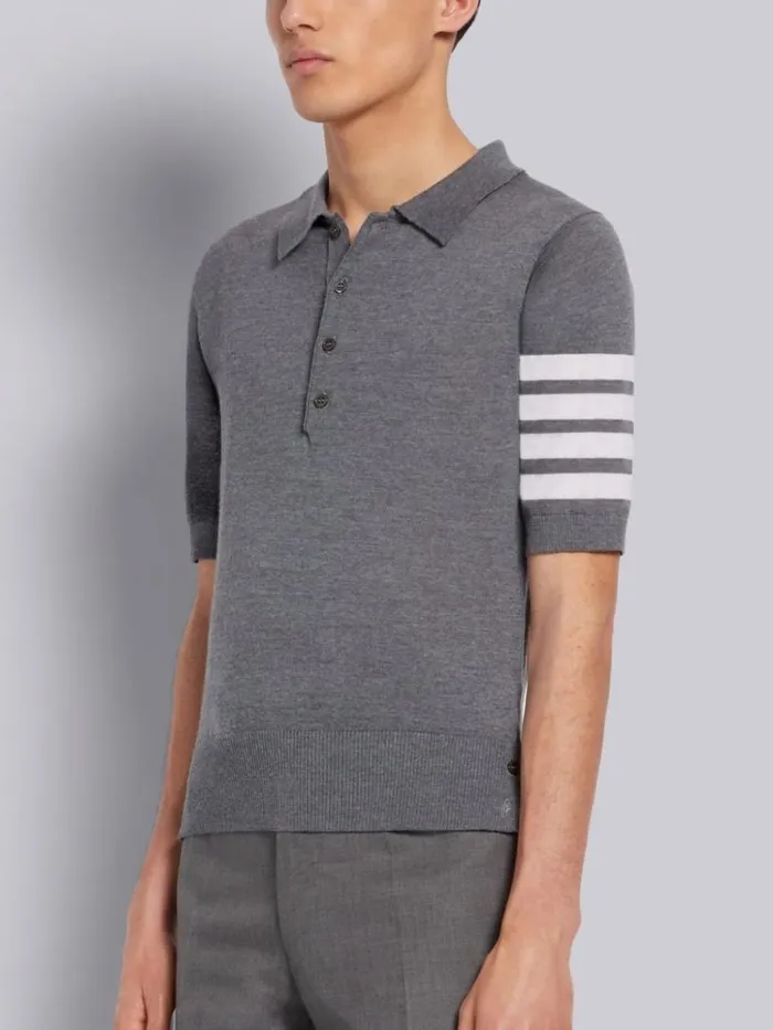 Fine Merino Wool 4bar Short Sleeve Polo Medium Grey Men Thom Browne Tshirts and Polos