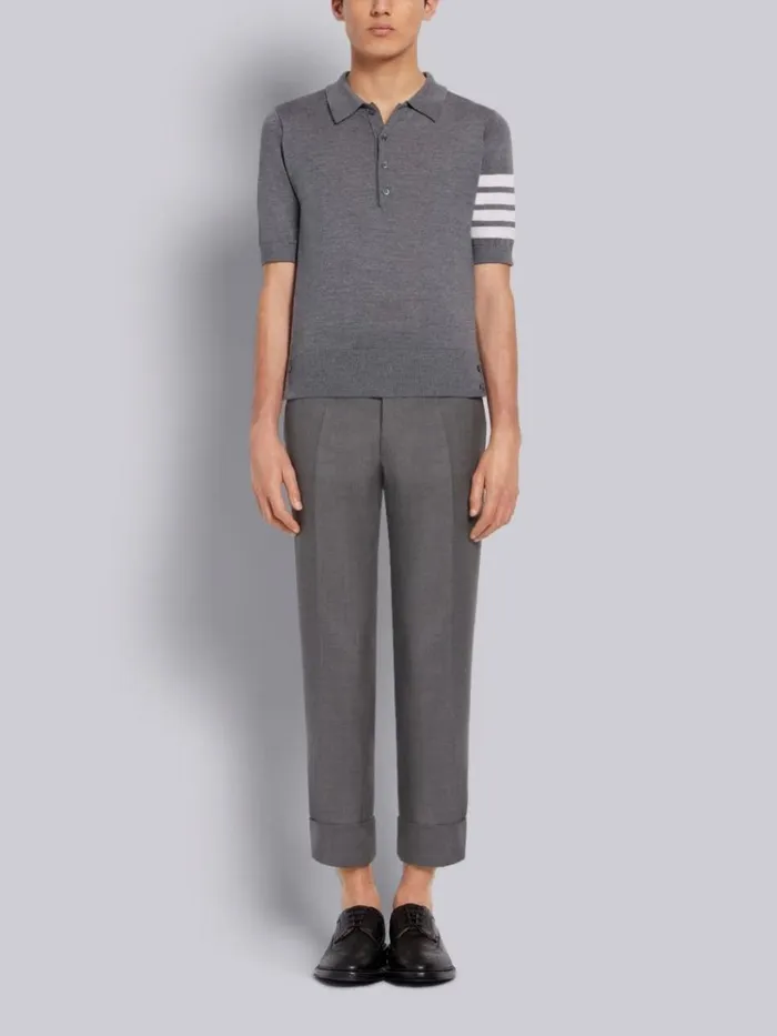 Fine Merino Wool 4bar Short Sleeve Polo Medium Grey Men Thom Browne Tshirts and Polos