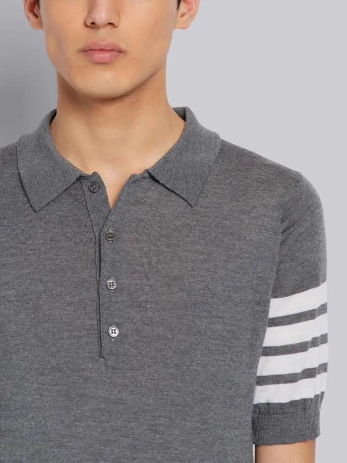 Fine Merino Wool 4bar Short Sleeve Polo Medium Grey Men Thom Browne Tshirts and Polos