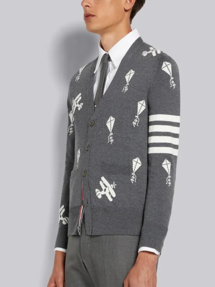 Fine Merino Wool Half Drop Sky Icons 4bar Relaxed Fit Cardigan Medium Grey Men Thom Browne Knitwear