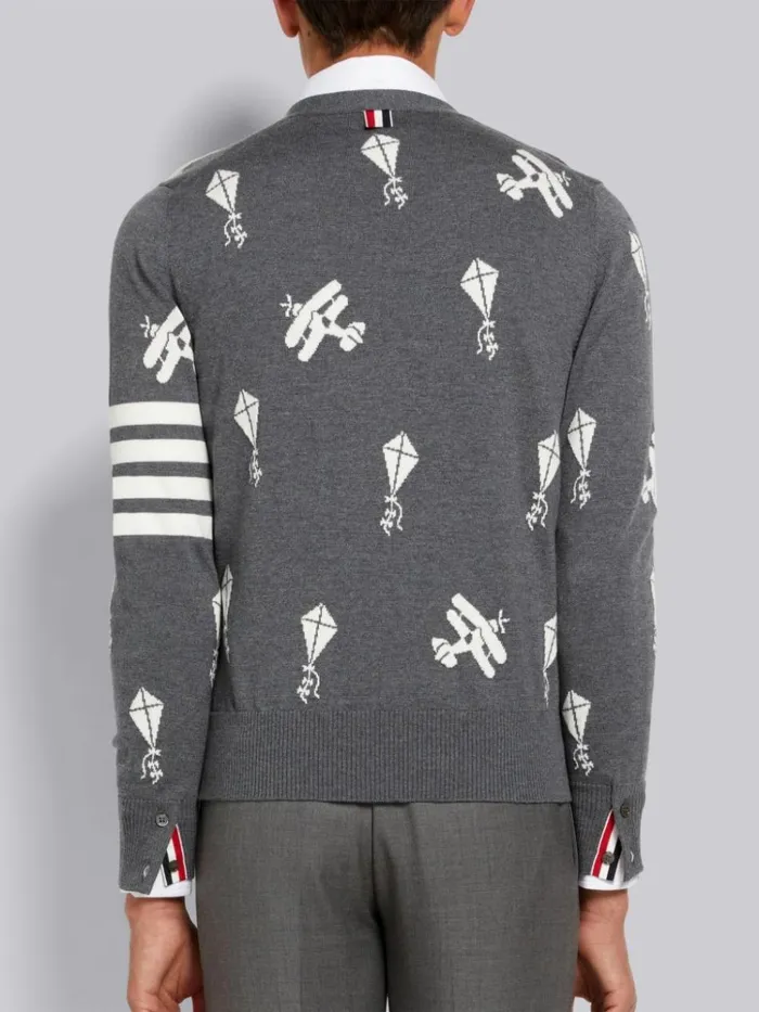 Fine Merino Wool Half Drop Sky Icons 4bar Relaxed Fit Cardigan Medium Grey Men Thom Browne Knitwear