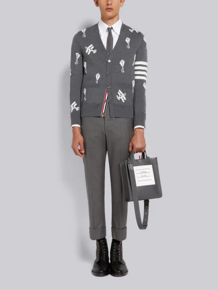 Fine Merino Wool Half Drop Sky Icons 4bar Relaxed Fit Cardigan Medium Grey Men Thom Browne Knitwear