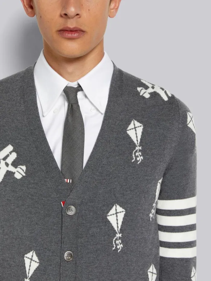 Fine Merino Wool Half Drop Sky Icons 4bar Relaxed Fit Cardigan Medium Grey Men Thom Browne Knitwear