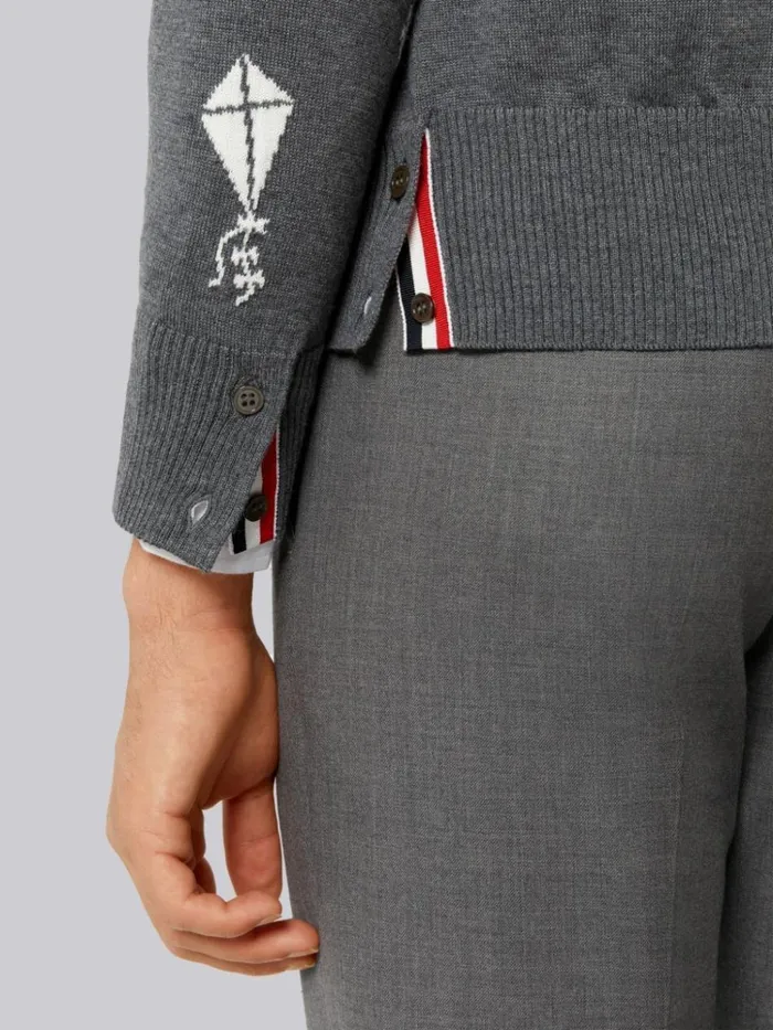 Fine Merino Wool Half Drop Sky Icons 4bar Relaxed Fit Cardigan Medium Grey Men Thom Browne Knitwear