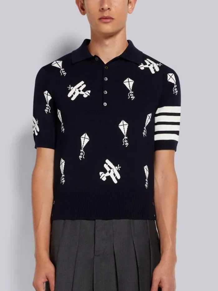 Fine Merino Wool Half Drop Sky Icons 4bar Relaxed Fit Polo Navy Men Thom Browne Tshirts and Polos Fine Merino Wool Half Drop Sky Icons 4bar Relaxed Fit Polo Navy Men Thom Browne Tshirts and Polos