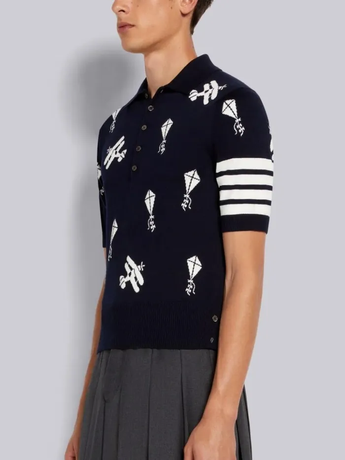Fine Merino Wool Half Drop Sky Icons 4bar Relaxed Fit Polo Navy Men Thom Browne Tshirts and Polos